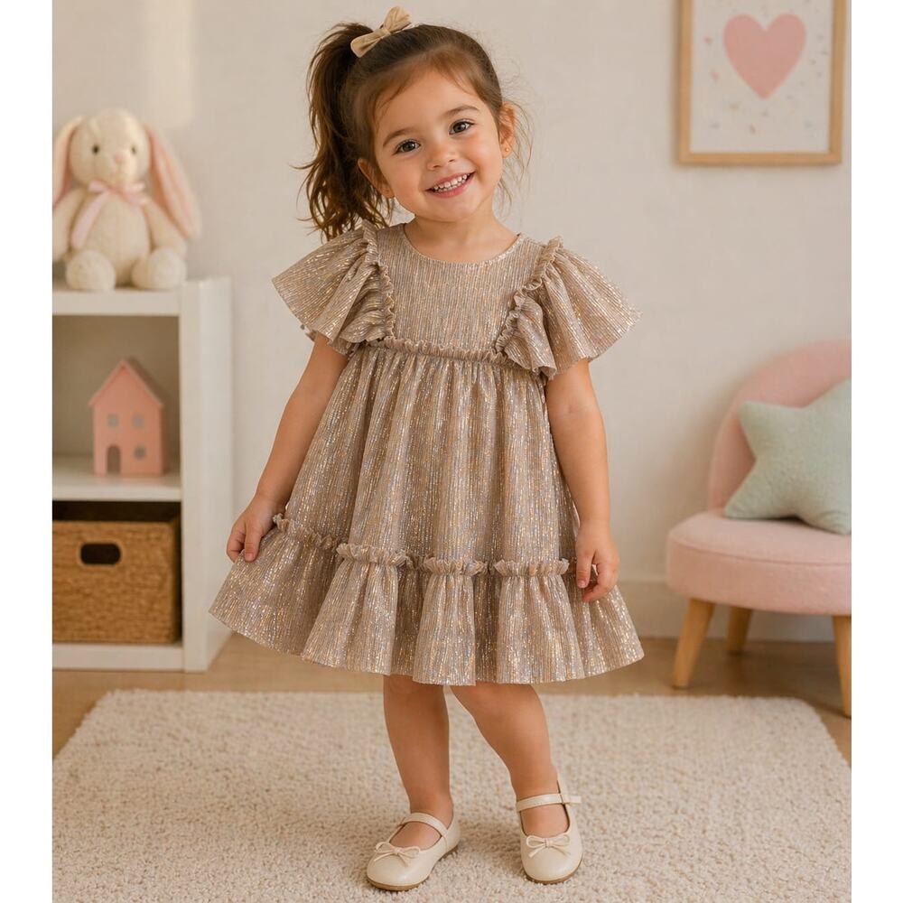 Cat & Jack Toddler Girls Gold Shimmer Dress 12M Ruffle Sleeve Party Holiday Outf
